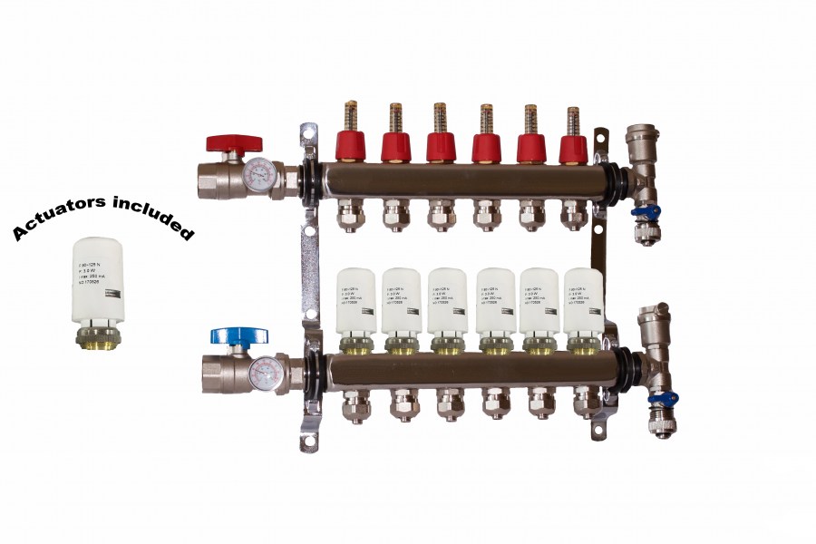 6 - Loop/Port Stainless Steel PEX Manifold Radiant Heating with 4 wires actuator